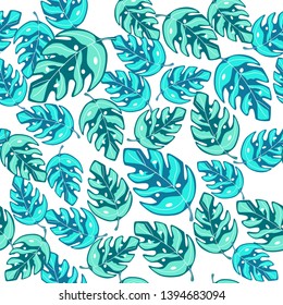 Tropical monstera leaves seamless repeat pattern . Exotic plant. Summer design for fabric, textile print, wrapping paper, children textile. Vector illustration