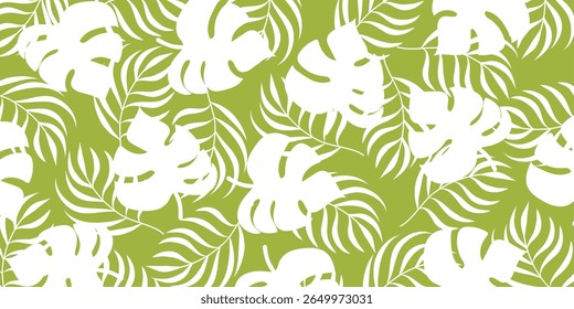 Tropical monstera and palm leaves foliage seamless background. Perfect for summer vibes, jungle themes, textile prints, wallpapers, and exotic nature-inspired design projects.