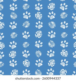 Tropical monstera and palm leaves and paw prints. Seamless fabric design pattern II