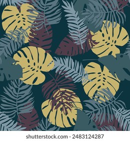 Tropical Monstera and Palm Leaves Seamless Pattern in Dark Tones