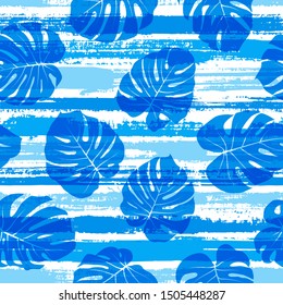 Tropical monstera philodendron liana hole leaves overlapping stripes vector seamless pattern. Bali forest foliage beach fashion fabric print. Tropical leaves silhouettes wallpaper.