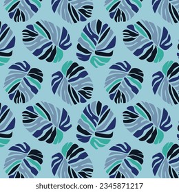 Tropical Monstera Seamless Leaf Pattern. Vector floral background in a trendy minimalistic linear style in pastel colors for printing packaging, fabric, t-shirts, covers, posters.