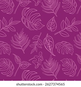Tropical Monstera Seamless Leaf Pattern. Vector floral background in a trendy minimalistic linear style in pastel colors for printing packaging, fabric, t-shirts, covers, posters