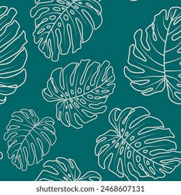 Tropical Monstera Seamless Pattern Leaves. Vector floral background in a trendy minimalistic linear style, boho for printing packaging, fabric, t-shirts, covers, posters.Hand drawn abstraction EPS 10