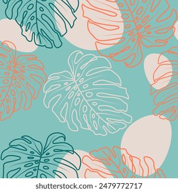 Tropical Monstera Hojas de Patrón Sin Costura. Fondo floral de Vector en un estilo lineal minimalista de moda; boho para imprimir envases; tela; camisetas; cubiertas; posters.Hand draw EPS 10