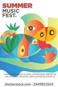 tropical mosnter fantasy creatures party concept. summer music festival template poster vector illustration