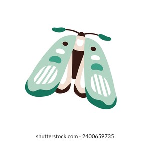 Tropical moth. Exotic butterfly. Fiction fancy summer insect. Delicate flying fauna species with beautiful folded wings, antennae. Flat vector illustration isolated on white background