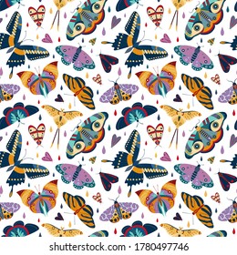 Tropical moth pattern with colorful exotic butterflies on white. Exotic rainforest insects seamless background for prints, textile and fabric designs.