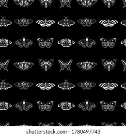 Tropical moth pattern with monochrome exotic butterflies silhouettes on black. Exotic rainforest insects seamless background for prints, textile and fabric designs.