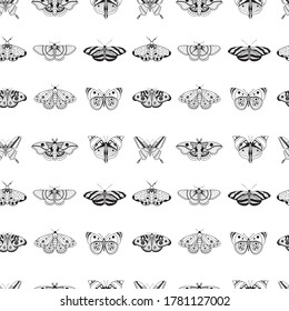 Tropical moth pattern with monochrome exotic butterflies silhouettes on white. Exotic rainforest insects seamless background for prints, textile and fabric designs.