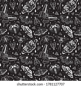 Tropical moth pattern with monochrome exotic butterflies silhouettes on black. Exotic rainforest insects seamless background for prints, textile and fabric designs.