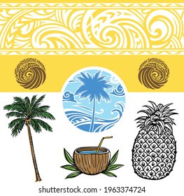 Tropical motifs with tribal patterns and island icons