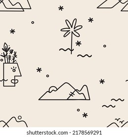 Tropical mountains icons seamless pattern design. A fun abstract pattern design with isolated line art icons inspired by a tropical mountain surrounding. 