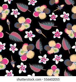 Tropical multicolored flowers, hibiscus leaves, hibiscus buds, seamless vector floral pattern on black background. Vintage style.
