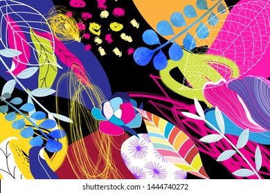 Tropical multicolored trendy pattern of foliage spots and flowers. Art print design template for web page, fabric, wallpaper or poster.