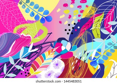 Tropical multicolored trendy pattern of foliage spots and flowers. Art print design template for web page, fabric, wallpaper or poster.