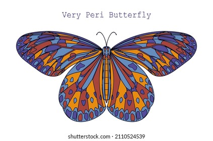 Tropical multicolored very peri butterfly isolated on white background. Stylish flying moth top view. Exotic springtime insect. Perfect for greeting card, t-shirt print, web icon, symbol, logo design.