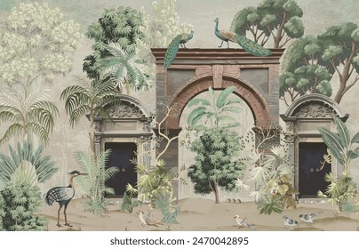 Tropical mural wallpaper , Mughal wallpaper,Tropical Palm Trees Natural Wall Mural Design, Peacock, Birds.