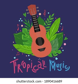 Tropical music. Cartoon ukulele with tropical exotic leaves and musical notes isolated on dark blue background. Hawaiian string instrument. Vector flat postcard for posters, banner and your creativity