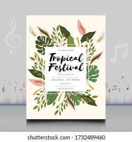 folleto del festival de música tropical de estilo creativo con decoración deja diseño de forma