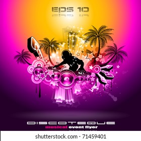 Tropical Music Party Disco Flyer with Sunset Magic lights