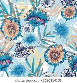 Tropical Natural Botanical flower Pattern with Palm Leaves – Perfect for Fabric, Textile, Wrapping, or Wallpaper