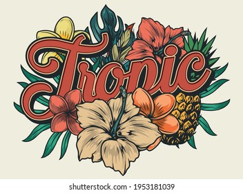 Tropical natural floral colorful composition with pineapple fruit exotic leaves and flowers in vintage style isolated vector illustration