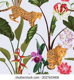 Tropical natural green plant composition on white background. Beach seamless pattern wallpaper with orchids, strelitzia flowers and leopard animal.