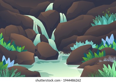 Tropical natural scenery with cascade of rocks, Waterfall jungle landscape, river streams of water flowing, green exotic woods with wild nature and bush foliage background  vector illustration. 