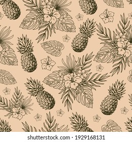 Tropische natürliche Vintage nahtlose Muster im monochromen Stil mit Ananas Früchten exotische Blumen und Blätter Vektorgrafik