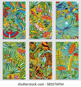 Tropical Nature Background. Vector Cards and Banners with Exotic Flowers and Wild Animals.