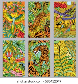 Tropical Nature Background. Vector Cards and Banners with Exotic Flowers and Wild Animals.