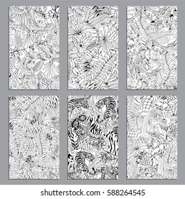 Tropical Nature Background. Vector Cards and Banners with Exotic Flowers and Wild Animals.