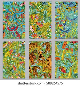 Tropical Nature Background. Vector Cards and Banners with Exotic Flowers and Wild Animals.