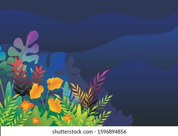 Tropical nature background vector, with space for place your text and beautiful of a jungle landscape such us leaves and foliage of tropical plants, trees and grass. 
