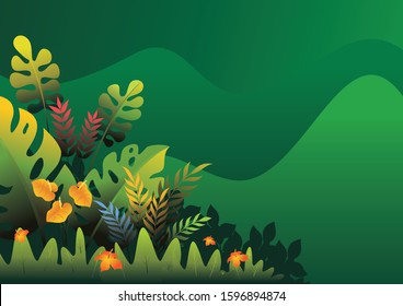 Tropical nature background vector, with space for place your text and beautiful of a jungle landscape such us leaves and foliage of tropical plants, trees and grass. 
