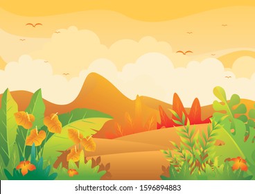 Tropical nature background vector, with space for place your text and beautiful of a jungle landscape such us leaves and foliage of tropical plants, trees and grass. 
