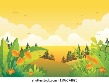 Tropical nature background vector, with space for place your text and beautiful of a jungle landscape such us leaves and foliage of tropical plants, trees and grass. 
