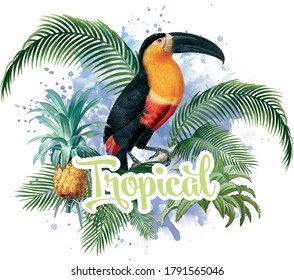 A tropical nature and bird themed design composition especially it can be use in fabric printing.