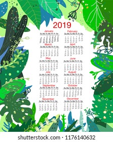 Tropical nature calendar 2019, vector graphic illustration