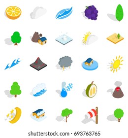 Tropical nature icons set. Isometric set of 25 tropical nature vector icons for web isolated on white background