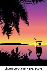 Tropical nature landscape and cocktail glass background - Vector illustration