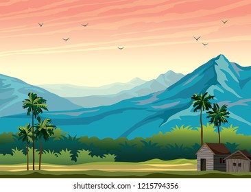 Tropical Nature Landscape With Palm Tree, Hut And Blue Mountains On A Sunset Sky Background. Vector Summer Illustration. 