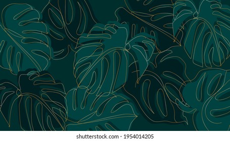 Patrón de hojas de naturaleza tropical con forma dorada. Diseño geométrico de elementos florales. Afiches de tendencia mínima orgánica que dejan afiches. Se puede usar en banners, volantes o web. Ilustración vectorial.