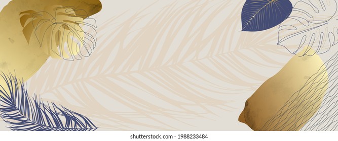 Tropical nature leaf pattern with gold shape. Summer Discount Offer Sale Floral element geometric design. Organic minimal trend graphic leaves posters. Can be banners, flyers. Vector illustration.