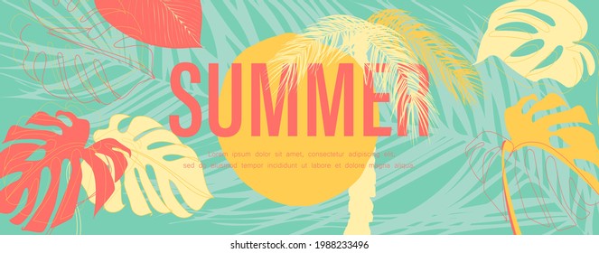 Tropisches Naturblattmuster mit goldener Form. Sommerrabatt Angebot Verkauf Blumen Element geometrisches Design. Organische minimale Trend-Grafik hinterlässt Plakate. Kann Banner sein, Flyer. Vektorgrafik.