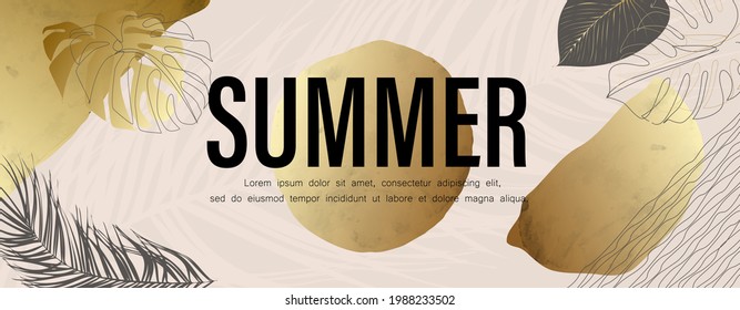 Tropisches Naturblattmuster mit goldener Form. Sommerrabatt Angebot Verkauf Blumen Element geometrisches Design. Organische minimale Trend-Grafik hinterlässt Plakate. Kann Banner sein, Flyer. Vektorgrafik.