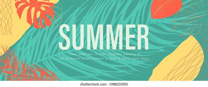 Tropical nature leaf pattern with gold shape. Summer Discount Offer Sale Floral element geometric design. Organic minimal trend graphic leaves posters. Can be banners, flyers. Vector illustration.