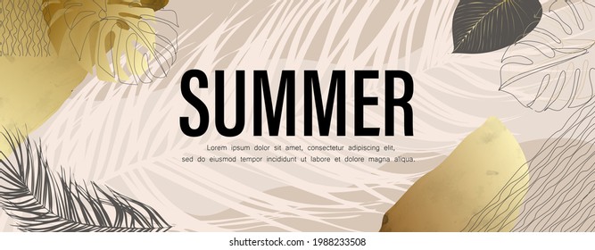 Tropical nature leaf pattern with gold shape. Summer Discount Offer Sale Floral element geometric design. Organic minimal trend graphic leaves posters. Can be banners, flyers. Vector illustration.