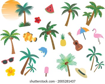 Tropical nature palm tree plant summer illustration set
